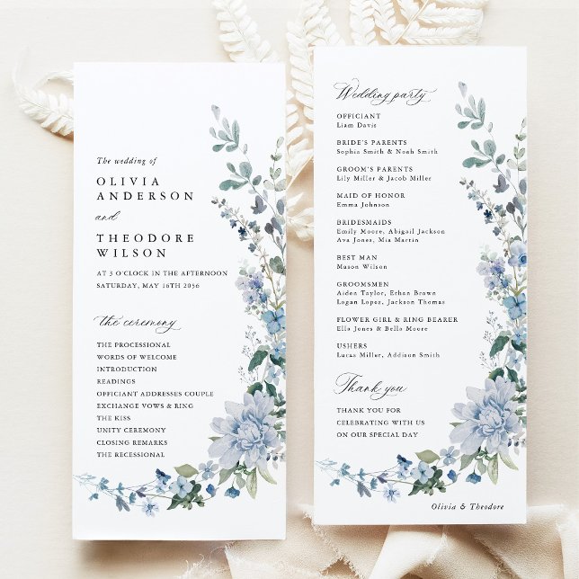 Programme Cérémonie de mariage florale aux fleurs sauvages b (Dusty Blue Wildflower Wedding Program Card, Blue Floral Ceremony Program, Party Program Stationery)