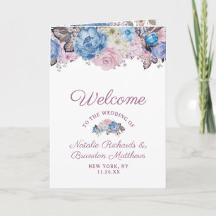 Programme Cérémonie de mariage florale bleue et rose au char