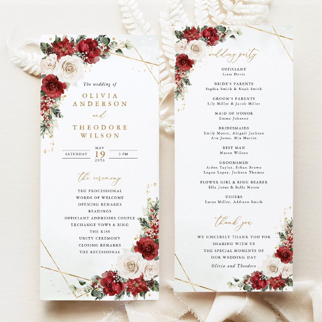 Programme Cérémonie de mariage florale d'hiver en or de Bour (Wedding Program Burgundy gold Winter Floral Ceremony Program Red Rose Poinsettia geometric card)