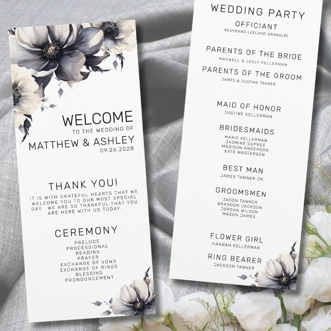 Programme Cérémonie de mariage florale élégante moderne noir (Elegant Modern Floral Black White Wedding Ceremony Program)