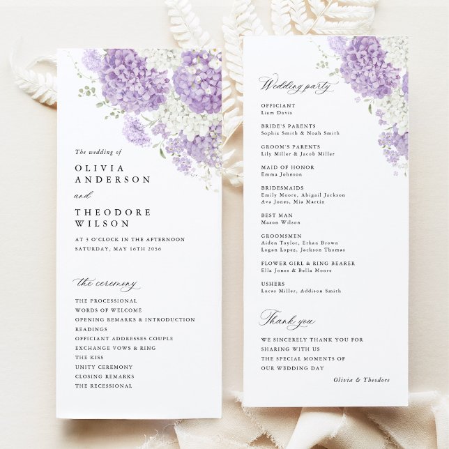 Programme Cérémonie de mariage florale lilas blanc lavande (Lavender lilac hydrangea wedding program card, white floral ceremony program and wedding party card)