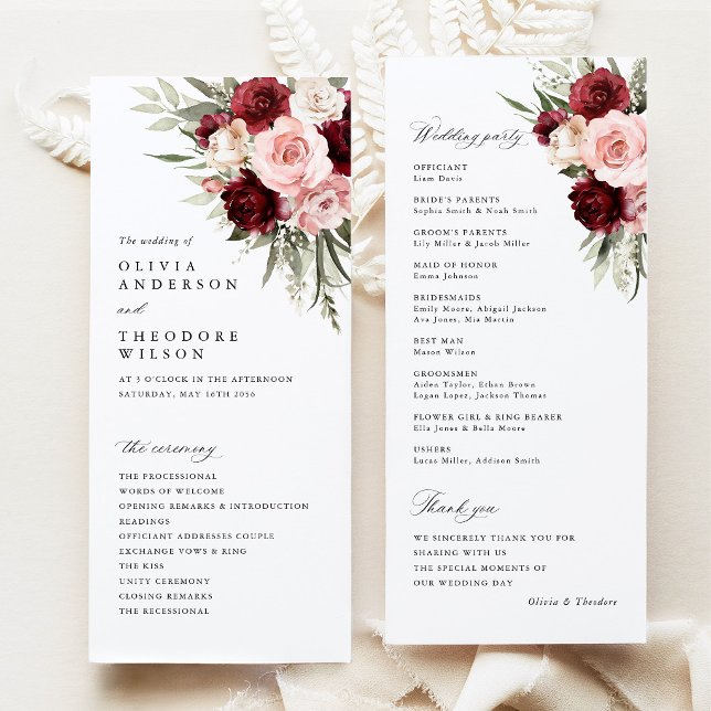 Programme Cérémonie de mariage florale rose bordeaux (burgundy blush pink floral wedding program card, ceremony program, elegant burgundy rose stationery)