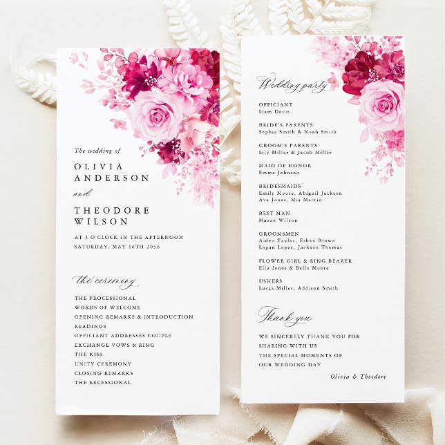 Programme Cérémonie de mariage florale rose vif (Hot Pink Floral Wedding Program, Elegant Garden Ceremony Program Wedding Party Order of Service Card)