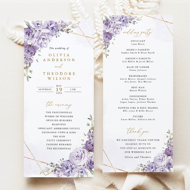 Programme Cérémonie de mariage géométrique floral lavande or (Lavender Floral Gold Geometric Wedding Program, Elegant Purple Rose Wedding Ceremony Program)