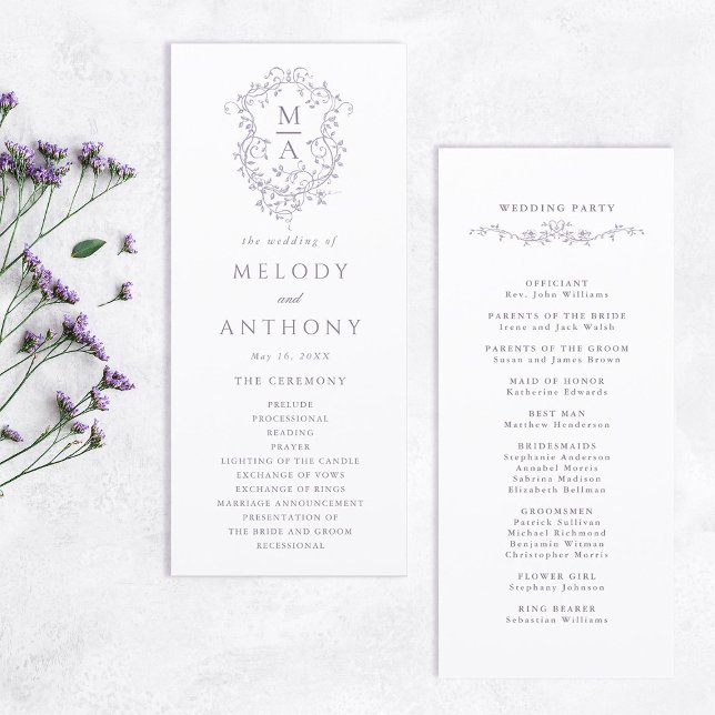 Programme Cérémonie de mariage Lavande Classique à motif flo (Front & Back)