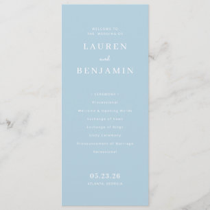 Programme Cérémonie de mariage minimaliste bleu serein