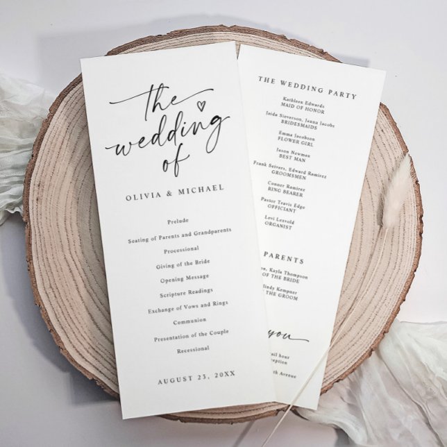 Programme Cérémonie de mariage moderne en noir et blanc (Modern black and white wedding program with elegant script, heart, and ceremony details.)