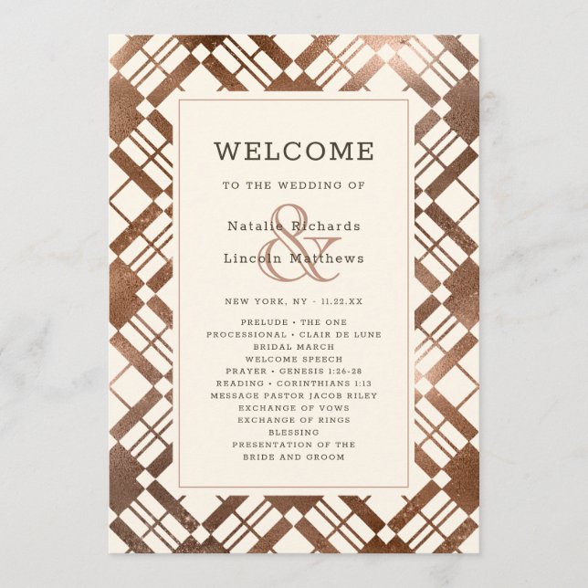 Programme Cérémonie de mariage plaid rustique bronze cuivre (Devant)
