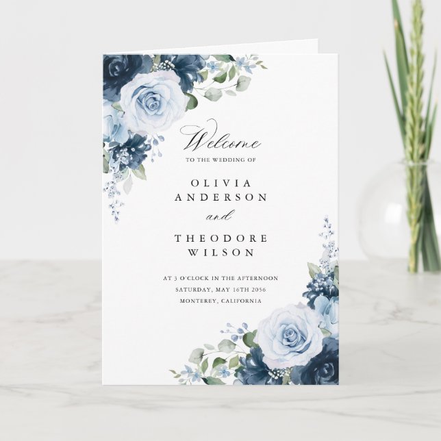 Programme Cérémonie de mariage plissé floral bleu poussiéreu (Devant)