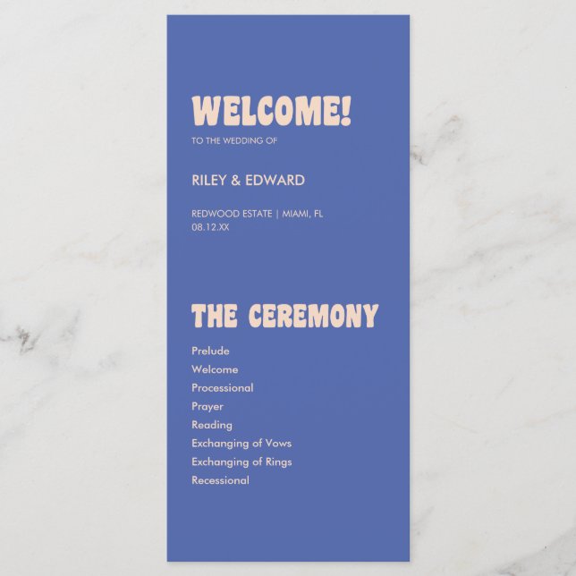 Programme Cérémonie de mariage rétro moderne bleu et beige (Devant)