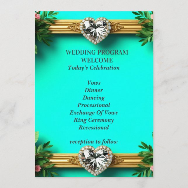Programme Cérémonie de mariage romantique turquoise rose ros (Devant)