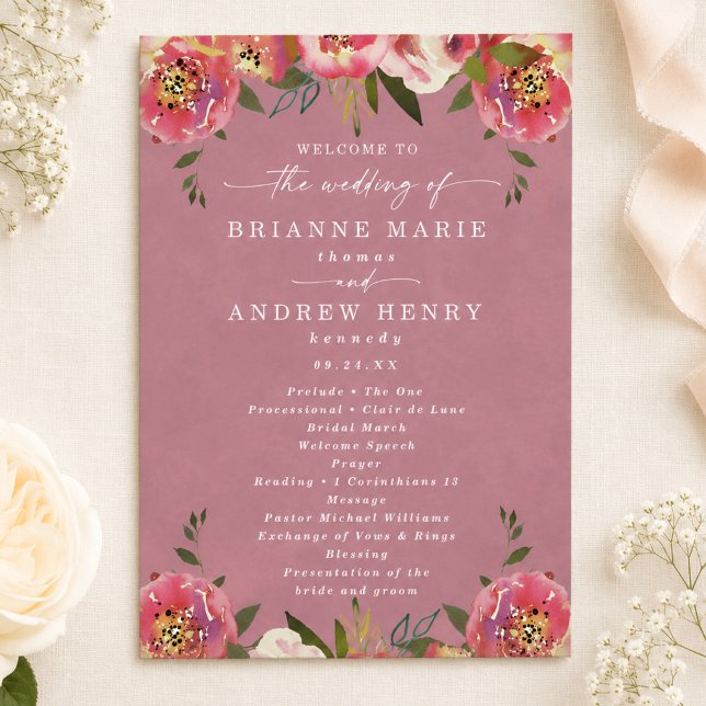 Programme Cérémonie de mariage rose sauvage chic en fleurs r (Elegant wild rose pink wedding programs)