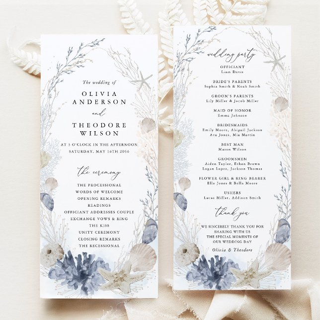 Programme Cérémonie de mariage sur la plage côtière bleue (Blue beach coastal wedding program ceremony timeline wedding party cards blue seashell stationery)