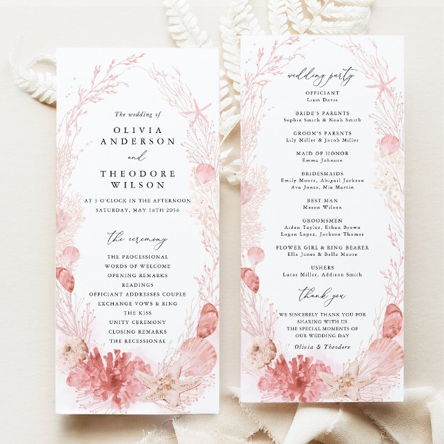 Programme Cérémonie de mariage sur la plage rose aux coquill (Blush beach coastal wedding program ceremony timeline wedding party cards pink seashell stationery)
