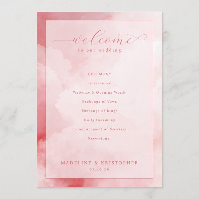 Programme Cérémonie de mariage sur un nuage rose romantique (Devant)