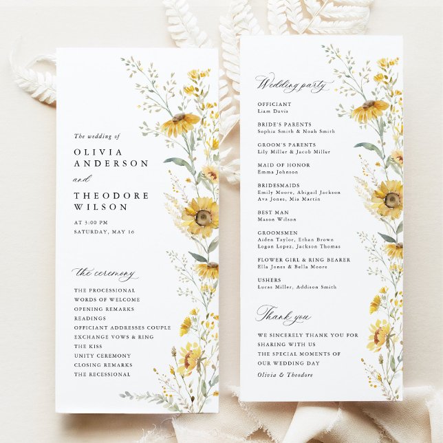 Programme Cérémonie de mariage tournesol fleur sauvage jaune (yellow wildflower sunflower wedding program floral ceremony program garden wedding stationery)