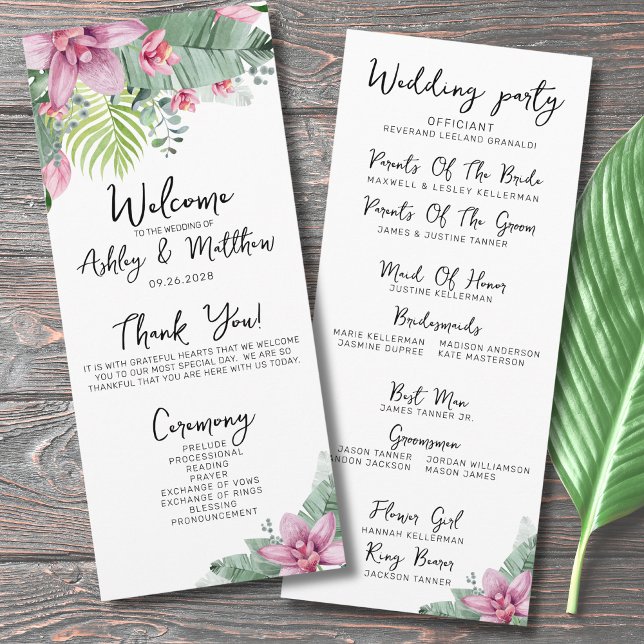Programme Cérémonie de mariage tropical fleuri (Chic Floral Palm Tropical Elegant Wedding Ceremony Program)