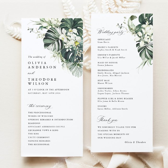 Programme Cérémonie de mariage tropicale Monstera Vert Sauge (Tropical wedding ceremony program, monstera orchid wedding stationery, destination wedding program)