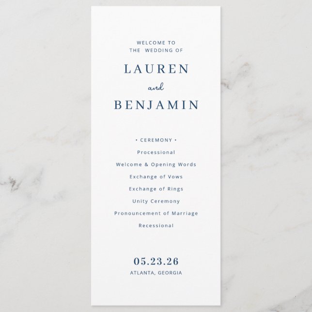 Programme Cérémonie de mariage typographique élégante en ble (Devant)