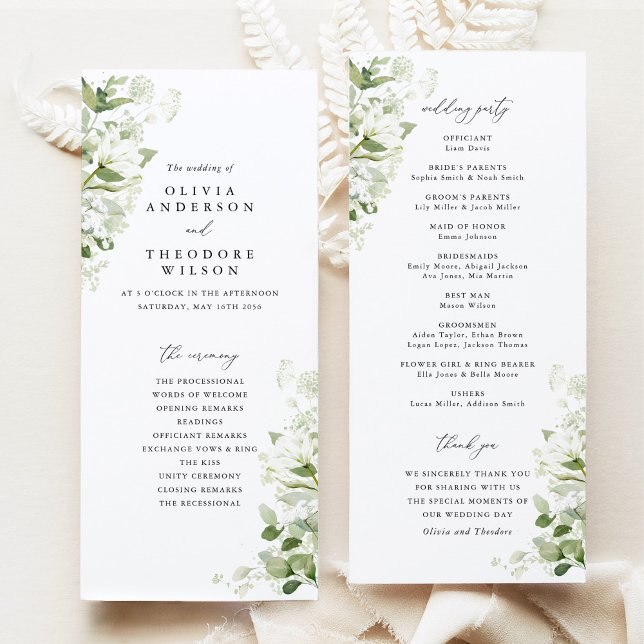 Programme Cérémonie de mariage vert sauge organique (Sage green organic greenery wedding program, ceremony order & wedding party list, elegant botanical)