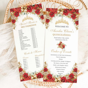 Programme Cérémonie de Quinceanera Fleurie Rouge et Or Ordre