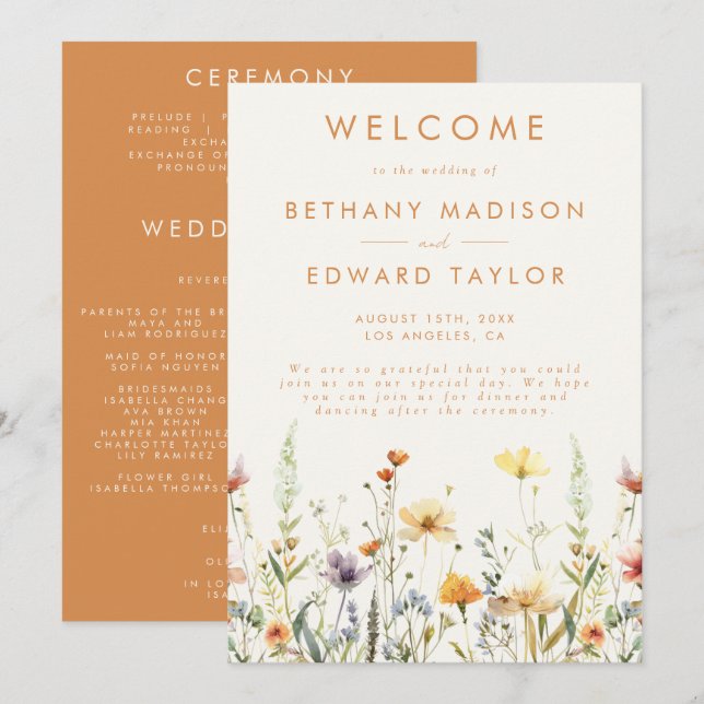Programme Cérémonie des Mariages Fleurs sauvages rustiques (Devant / Derrière)