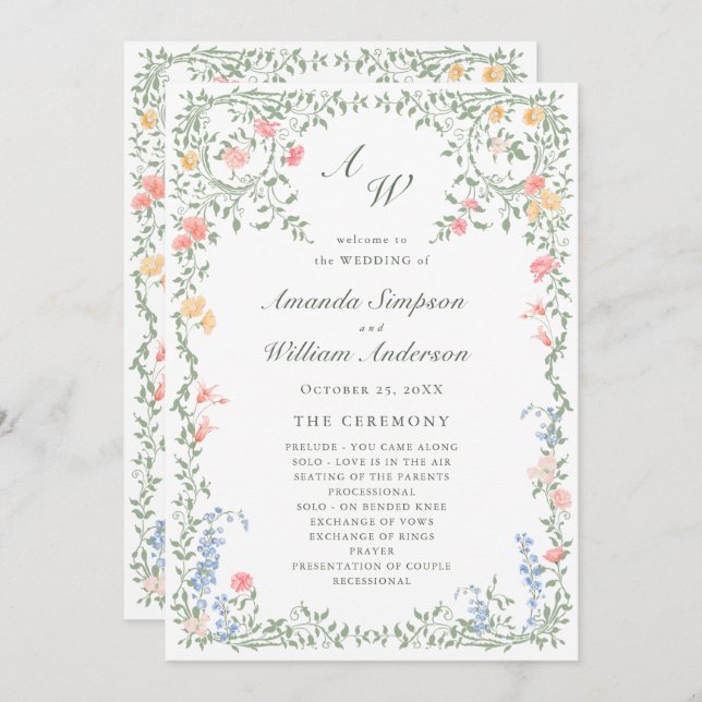 Programme Cérémonie du Mariage Floral Rose Meadow Pastel (Devant / Derrière)