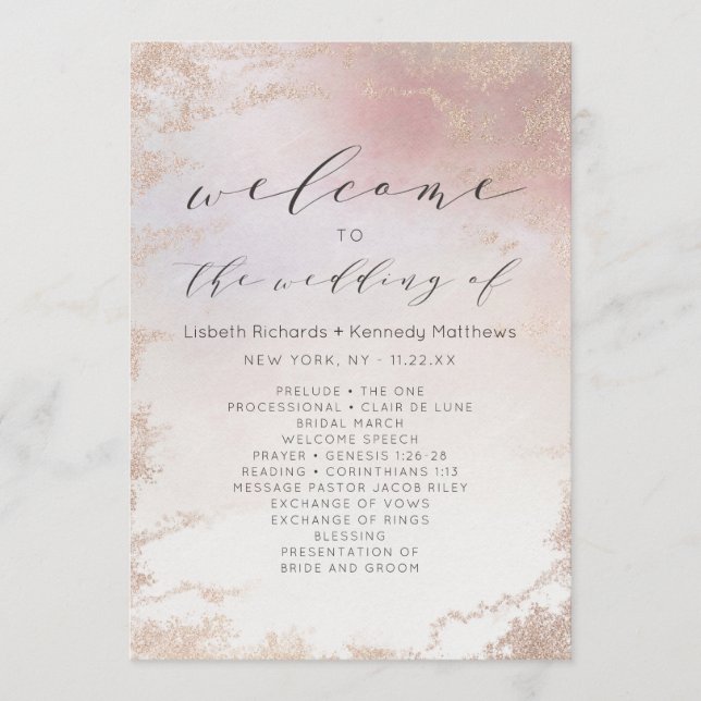Programme Cérémonie du Mariage Ombre Blush Pink Frosted Foil (Devant)