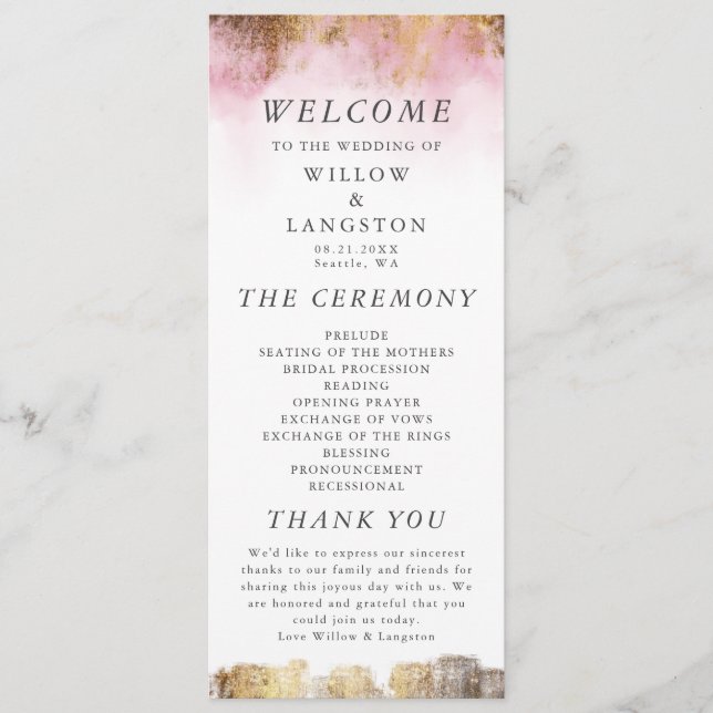 Programme Cérémonie Ethereal Pink Watercolor et Gold Mariage (Devant)