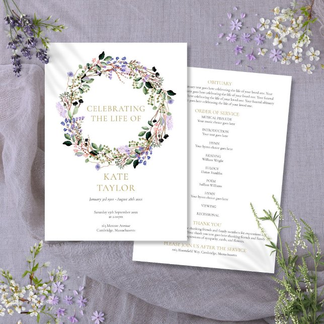 Programme Cérémonie funèbre florale de lavande Mémorial Ordr (Lavender Floral Funeral Memorial Order Of Service Program)