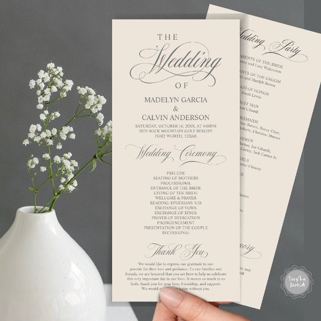 Programme Cérémonie mariage, crème élégante et gris (Wedding Ceremony Program Card, in Modern Classy Elegant Design, in Cream and Grey)