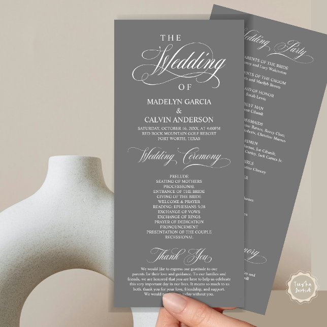 Programme Cérémonie mariage, élégance classique gris foncé (Wedding Ceremony Program Card, in Modern Classy Elegant Design, in Dark Grey)