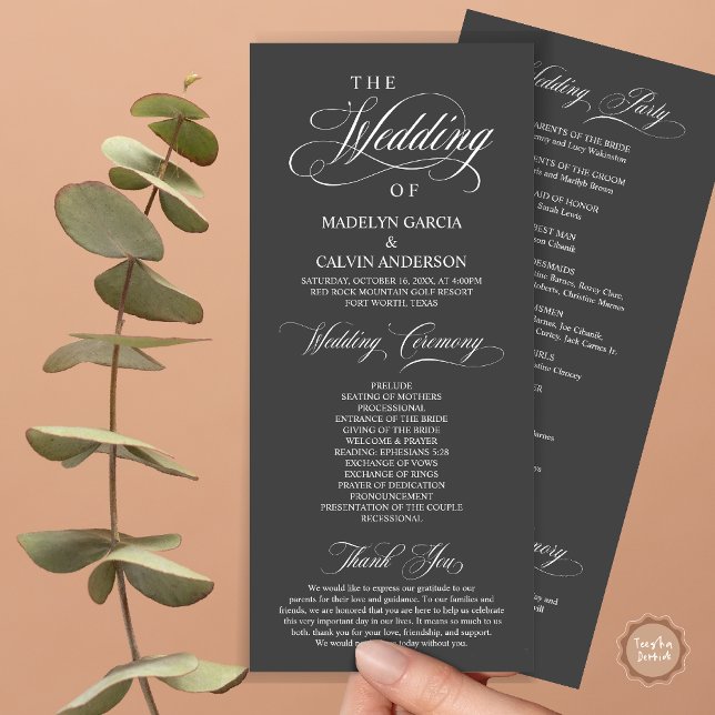 Programme Cérémonie mariage, élégance classique gris foncé (Wedding Ceremony Program Card, in Modern Classy Elegant Design, in Dark Grey)