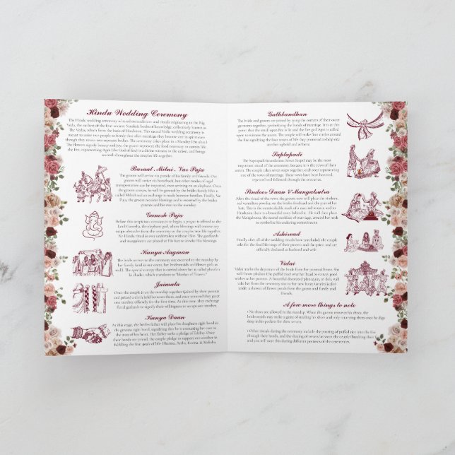 Programme Cérémonie Mariage hindoue (rose rouge or) pliée (Intérieur)