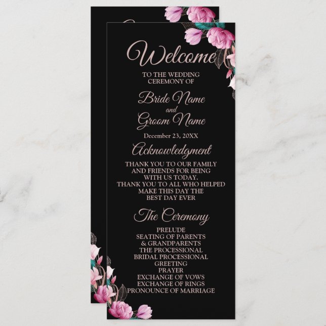 Programme Cérémonie mariage rose Floral Noir moderne (Devant / Derrière)