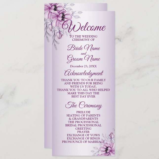 Programme Cérémonie mariage Rose Floral Violet Violet Frame (Devant / Derrière)