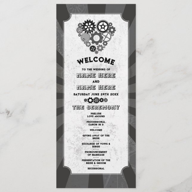 Programme Cérémonie Mariage Steampunk Coeurs Cogs Retro (Devant)