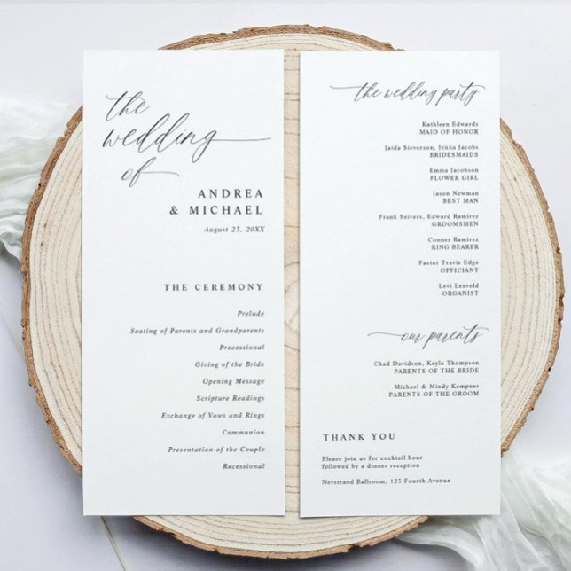 Programme Cérémonie Moderne Calligraphie Élégante de Mariage (Elegant wedding programs in modern black and white calligraphy script.)