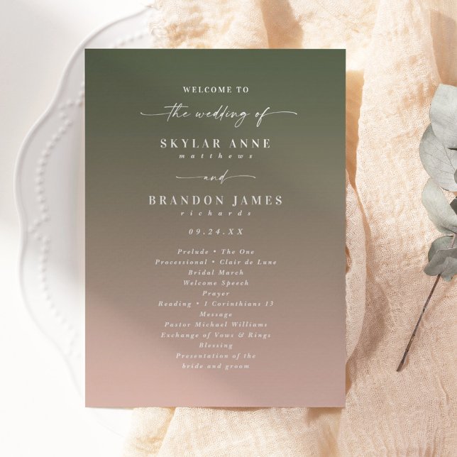Programme Cérémonie simple Ombre vert foncé et rose Mariage (Créateur téléchargé)