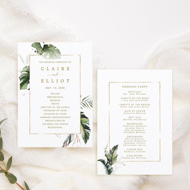 Programme Cérémonie Tropical Watercolor Foliage Gold Mariage (Front & Back)