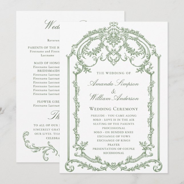 Programme Cérémonie victorienne de Mariage orné Grace Sage v (Devant / Derrière)