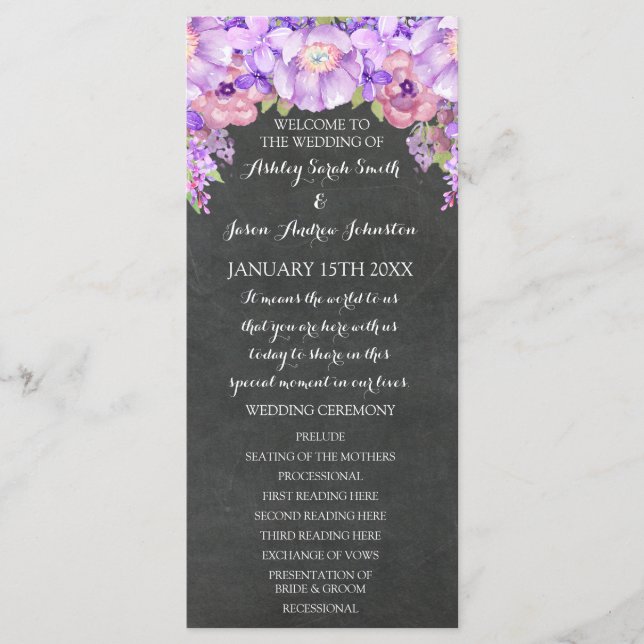 Programme Chalkboard Purple Lavender Floral Wedding Program (Devant)
