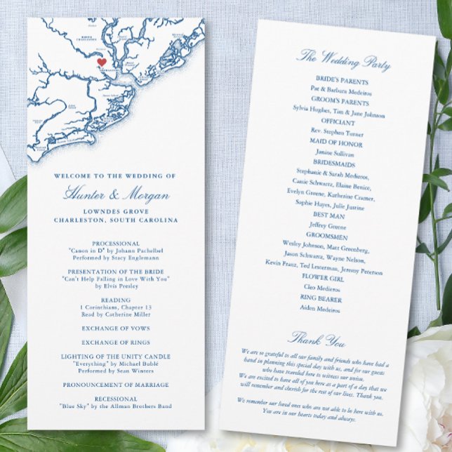 Programme Charleston Caroline du Sud Marine Destination Mari (Charleston SC Map Wedding Program for an elegant navy blue destination wedding. Coastal Map Designs)