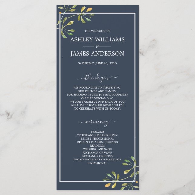Programme Chic Eucalyptus Green Navy Mariage botanique bleu (Devant)