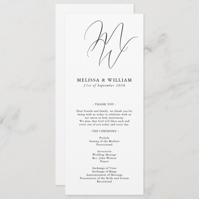 Programme Chic Monogramme moderne Initiales Mariage blanc (Devant / Derrière)