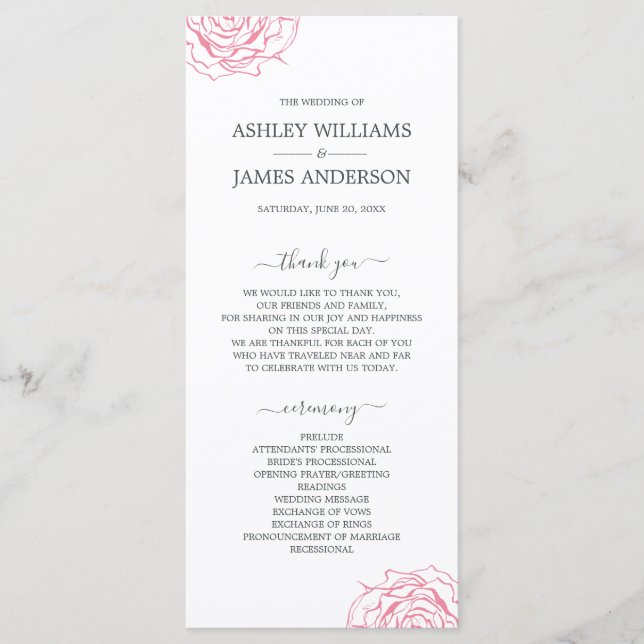 Programme Chic Script Floral Rose Rose Mariage simple (Devant)