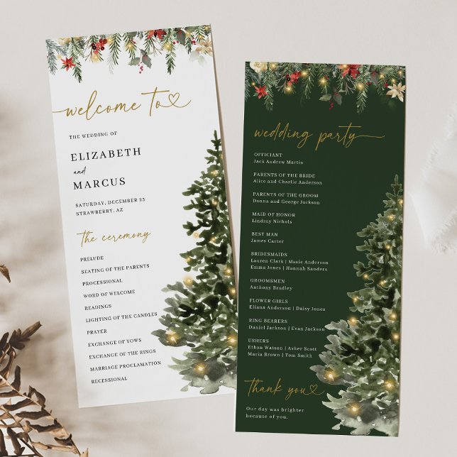 Programme Christmas Tree Lights Pine Winter Wedding Program (Christmas wedding program with watercolor pine tree and winter greenery, elegant holiday ceremony)