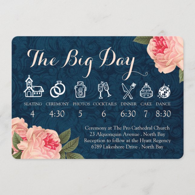 Programme Chronologie de mariage aux pivoines corail et bleu (Devant)