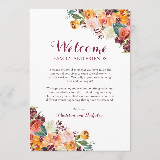 Programme Chute Fleur Mariage Hotel Welcome Cartes, Orange (Devant)