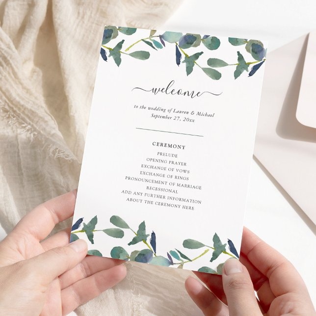 Programme Cimier d'Eucalyptus | Mariage d'aquarelle Feuille  (An elegant wedding program decorated with watercolor eucalyptus leaves)